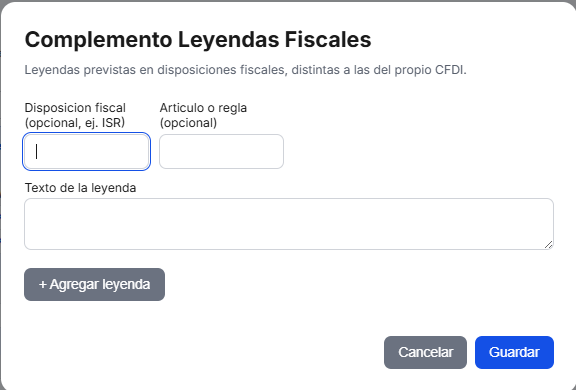 Formulario de Leyendas Fiscales en TimbraMX