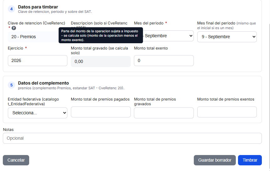 Formulario de Retención de Premios en TimbraMX
