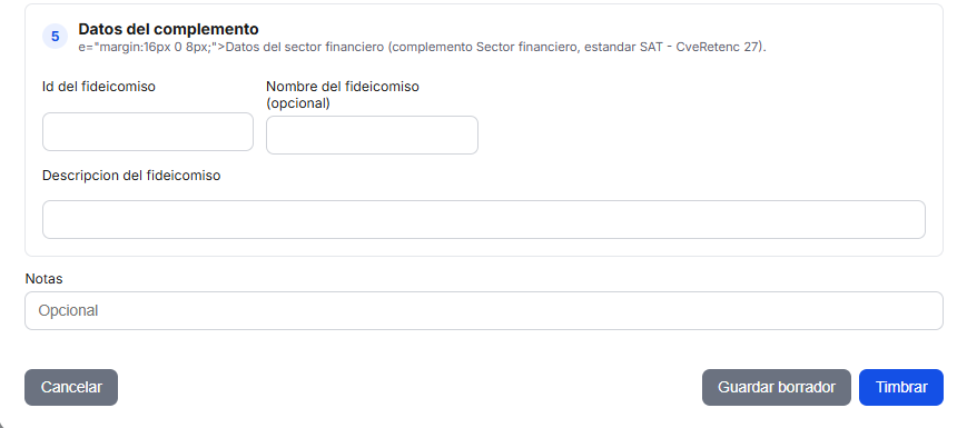 Formulario del Sector Financiero en TimbraMX